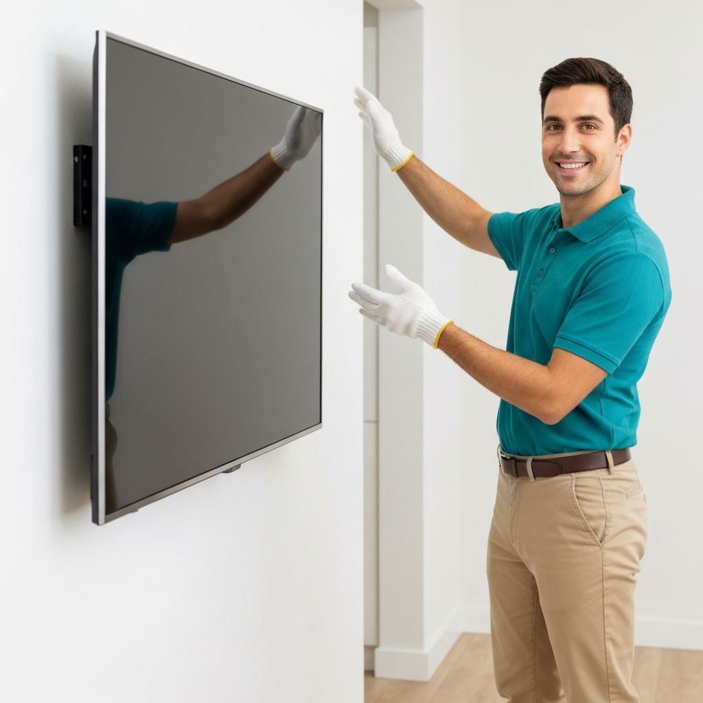 Professional TV mounting technicians installing a flat-screen television